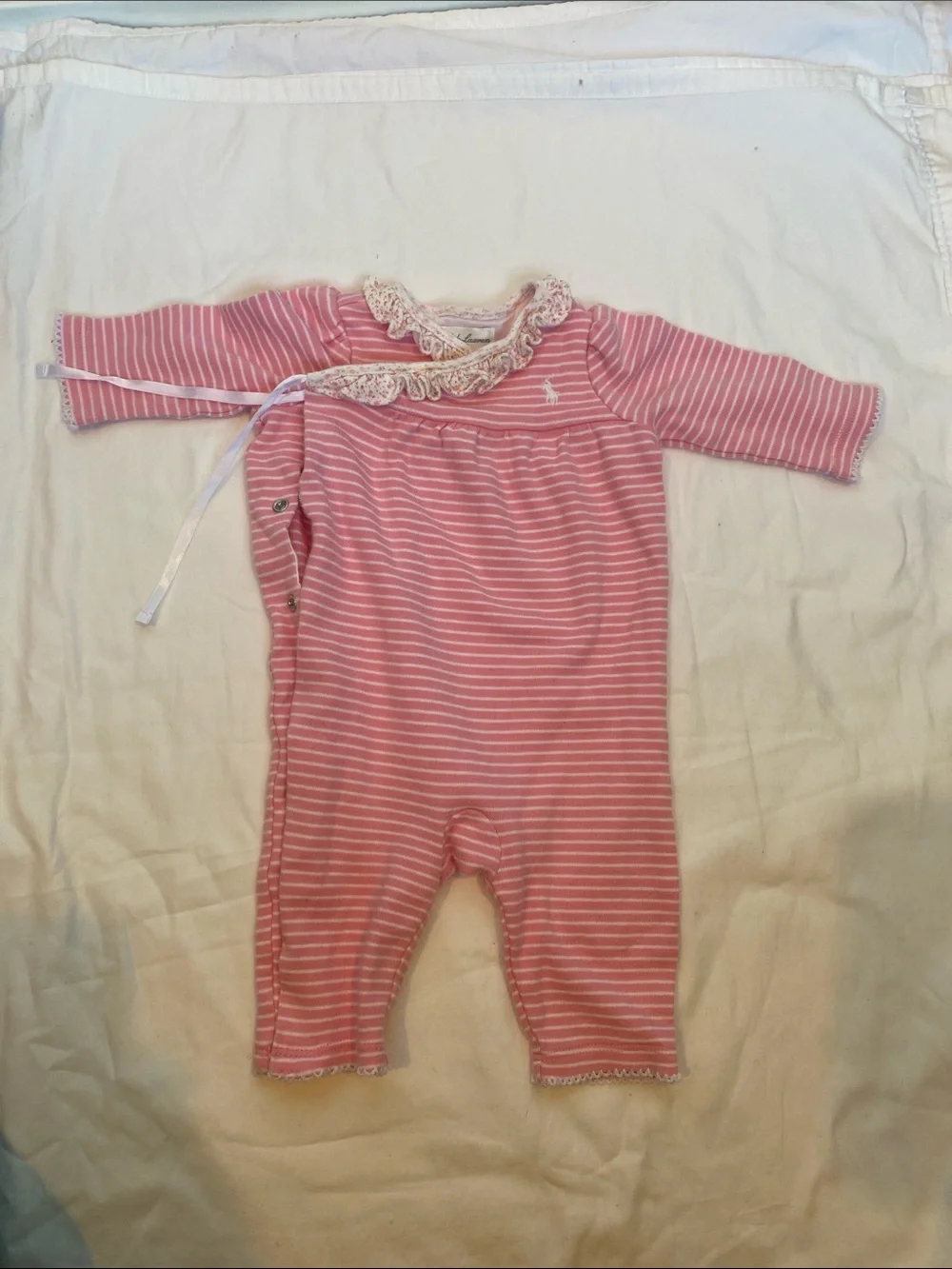 Ralph Lauren Pink & White Striped Lace-Collar Baby Footie